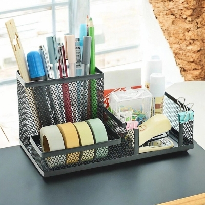 Picture of  Creative Black Metal Desk Organizer - Multifunctional 3-Grid Storage Rack, Durable & Fireproof Pen Holder, High-Temperature Resistant, Coated Finish, 20.4 x 10.4 x 9.7 cm, Ideal for Office & Student Desks, 1 Piece -Black