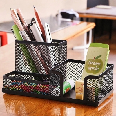 Picture of  Creative Black Metal 3-Grid Desk Organizer - Multifunctional Storage Rack, Durable & Fireproof Pen Holder, High-Temperature Resistant, Coated Finish, 20.4 x 10.4 x 9.7 cm, Ideal for Office & Student Desks, 1 Piece -Black