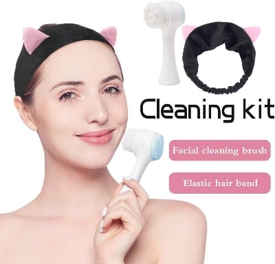 Picture of Retail Care 2-in-1 manual silicone facial cleansing brush to clean pores face brush Cleansing and Exfoliating Double Sided Facial Cleaning Brush and Cat Ear Hairband Elastic Headband Combo Set