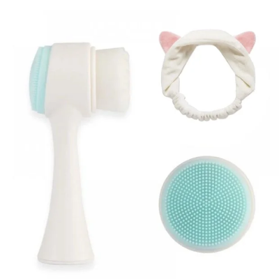 Picture of Retail Care 2-in-1 manual silicone facial cleansing brush to clean pores face brush Cleansing and Exfoliating Double Sided Facial Cleaning Brush and Cat Ear Hairband Elastic Headband Combo Set