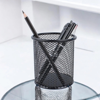 Picture of  Round Black Metal Pen Holder - Multifunctional Mesh Desk Organizer, Durable & Fireproof, High-Temperature Resistant, Coated Finish, Compact Size 9.5 x 8.5 cm, Ideal for Office & Home, 1 Piece -Black