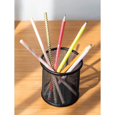 Picture of  Round Black Metal Pen Holder - Multifunctional Mesh Desk Organizer, Durable & Fireproof, High-Temperature Resistant, Coated Finish, Compact Size 9.5 x 8.5 cm, Ideal for Office & Home, 1 Piece -Black