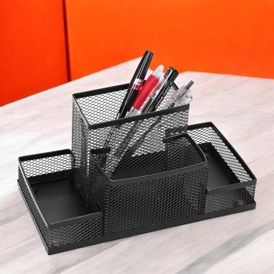 Picture of  Fashionable Black Metal Mesh Desk Organizer - Multifunctional Pen Holder Box, Durable, Fireproof & High-Temperature Resistant, Coated Finish, 20.4 x 10.4 x 9.7 cm, Ideal for Office & School Supplies, 1 Piece -Black