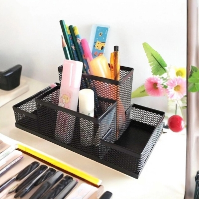Picture of  Multifunctional Black Metal Mesh Desk Organizer - Fashionable Pen Holder Box, Durable, Fireproof & High-Temperature Resistant, Coated Finish, 20.4 x 10.4 x 9.7 cm, Ideal for Office & School, 1 Piece -Black