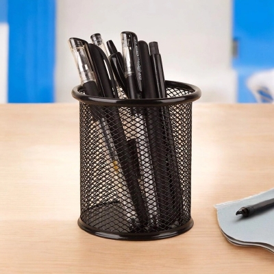 Picture of  Multifunctional Round Black Metal Desk Organizer - Mesh Pen & Pencil Holder, Durable, Fireproof, High-Temperature Resistant, Coated Finish, 9.5 x 8.5 cm, Ideal for Home & Office, 1 Piece -Black