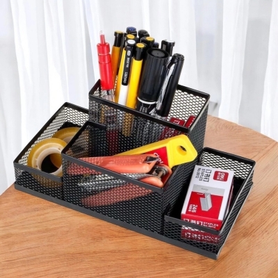 Picture of  Fashionable Black Metal Mesh Desk Organizer - Multifunctional Pen Holder Box, High-Temperature Resistant & Fireproof, Durable Coated Finish, 20.4 x 10.4 x 9.7 cm, Ideal for Office & School Supplies, 1 Piece -Black