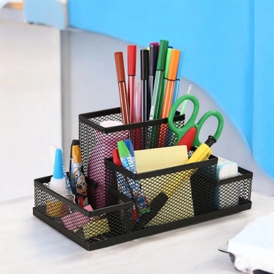 Picture of  Black Metal Mesh Desk Organizer - Multifunctional & Fashionable Pen Holder Box, Durable, Fireproof & High-Temperature Resistant, Coated Finish, 20.4 x 10.4 x 9.7 cm, Perfect for Office & Student Desks, 1 Piece -Black