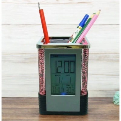 Picture of Gift Centre Square Pen Holder with Digital Clock & Color-Changing LEDs - Multifunctional Desk Organizer with Countdown Timer, Temperature Display, Durable Plastic, Black/Silver, Pencil Battery Operated, 1 Piece-Black