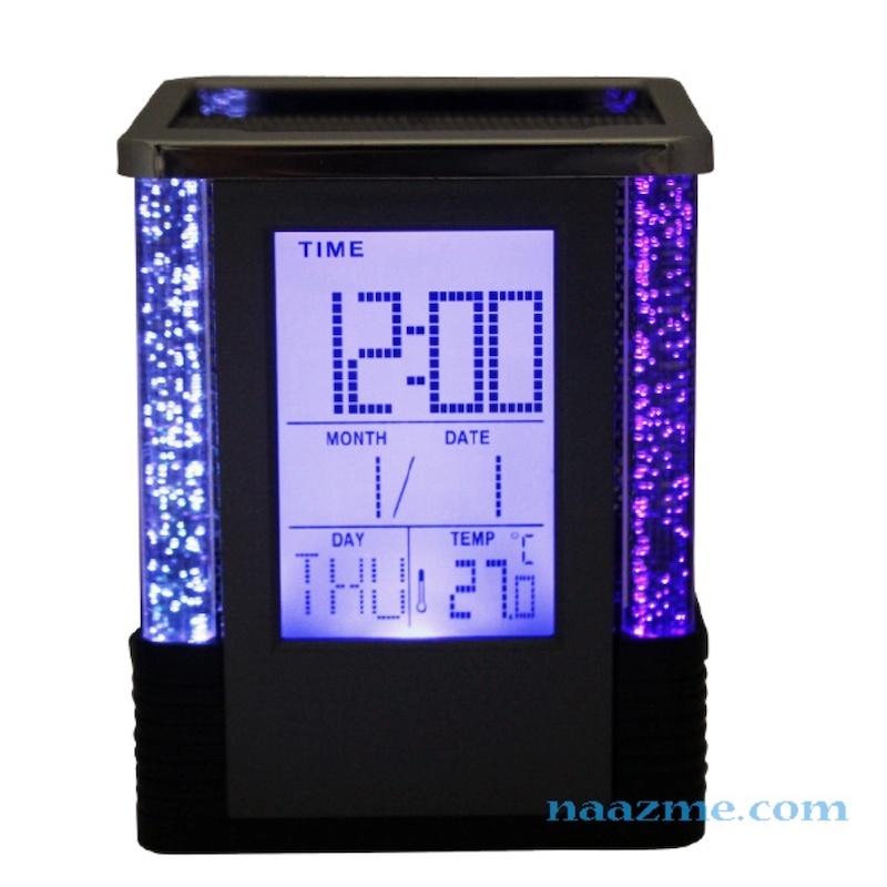 Picture of Gift Centre Square Pen Holder with Digital Clock & Color-Changing LEDs - Multifunctional Desk Organizer with Countdown Timer, Temperature Display, Durable Plastic, Black/Silver, Pencil Battery Operated, 1 Piece-Black