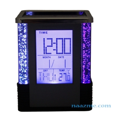 Picture of Gift Centre Square Pen Holder with Digital Clock & Color-Changing LEDs - Multifunctional Desk Organizer with Countdown Timer, Temperature Display, Durable Plastic, Black/Silver, Pencil Battery Operated, 1 Piece-Black