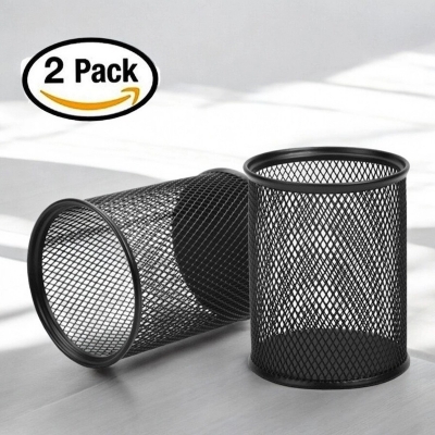 Picture of 2-Piece Black Metal Cylinder Desk Organizer - Multifunctional Pencil Holders, Durable & Fireproof, High-Temperature Resistant, Coated Finish, 9.5 x 8.5 cm, Ideal for Office & Student Desk Storage-Black