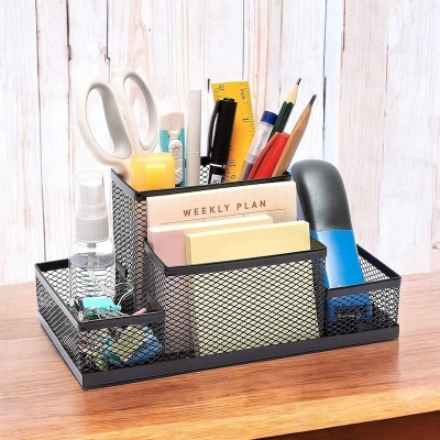 Picture of  Fashionable Black Metal Mesh Desk Organizer - Multifunctional Pen Holder Box, Durable, Fireproof, High-Temperature Resistant, Coated Finish, 20.4 x 10.4 x 9.7 cm, Perfect for Office & Student Desks, 1 Piece -Black