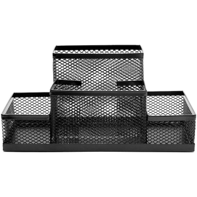 Picture of  Fashionable Black Metal Mesh Desk Organizer - Multifunctional Pen Holder Box, Durable, Fireproof, High-Temperature Resistant, Coated Finish, 20.4 x 10.4 x 9.7 cm, Perfect for Office & Student Desks, 1 Piece -Black