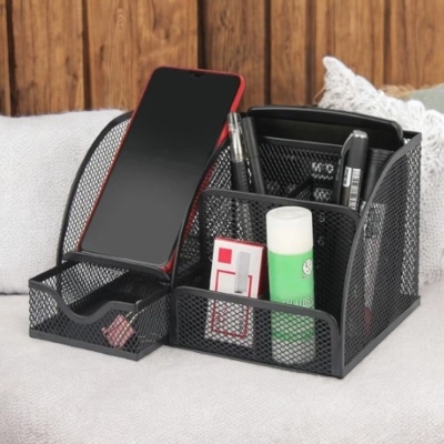 Picture of  Office Desktop Storage Box - Metal Pen Holder with Multiple Compartments, Square Divided Container -Black