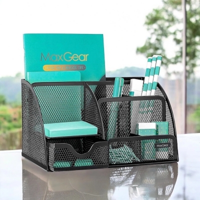 Picture of  Black Metal Mesh Pen Stand - Fireproof & Durable Desk Organizer, High-Temperature Resistant, Office & Student Use, 14D x 12.7W x 22.1H cm, 1 Piece -Black