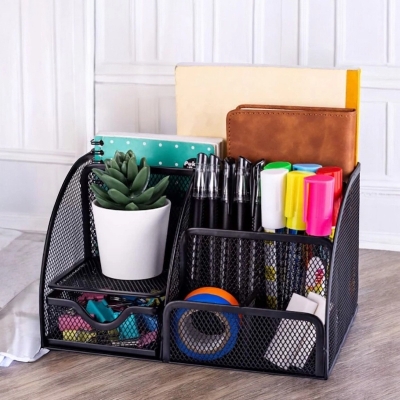 Picture of  Durable Metal Mesh Pen Holder - Black Desk Organizer, Fireproof & High-Temperature Resistant, Coated Finish, 14D x 12.7W x 22.1H cm, 1 Piece -Black