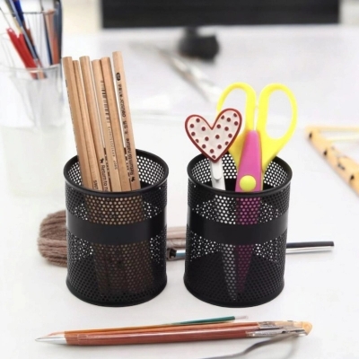 Picture of Black Metal Cylinder Desk Organizers (2 Pieces) - Multifunctional Pencil Holders, Durable & Fireproof, High-Temperature Resistant, Coated Finish, 9.5 x 8.5 cm, Perfect for Large Pens & Stationery Storage-Black
