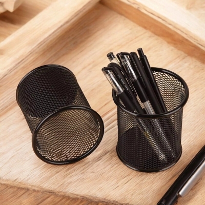 Picture of 2 x Black Metal Cylinder Desk Organizers - Multifunctional Pencil Holders, Durable & Fireproof, High-Temperature Resistant, Coated Finish, 9.5 x 8.5 cm, Ideal for Office & Student Desks-Black