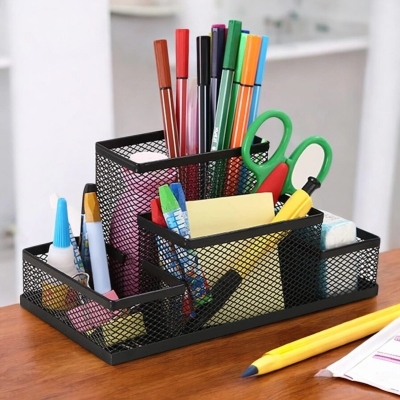 Picture of  Multifunctional Black Metal Mesh Desk Organizer - Fashionable Pen Holder Box, Durable, Fireproof, High-Temperature Resistant, Coated Finish, 20.4 x 10.4 x 9.7 cm, Ideal for Office & School Supplies, 1 Piece -Black