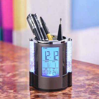 Picture of  Gift Centre Pen Holder with LCD Clock & Color-Changing Bubble LED Lights - Multifunctional Desk Organizer with Countdown Timer, Temperature Display, Durable Plastic, Black/Silver, Pencil Battery Powered, Ideal for Office & Student Desks, 1 Piece -Black