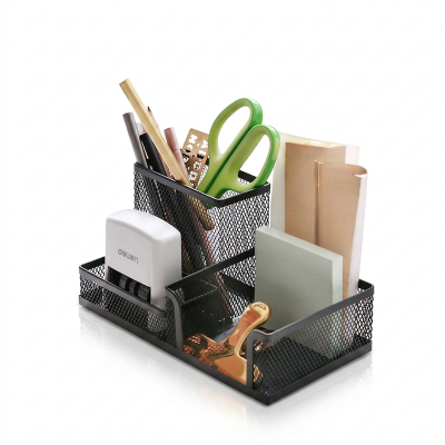 Picture of  Creative Black Metal Desk Organizer - Multifunctional 3-Grid Storage Rack, Durable Pen Holder, Fireproof & High-Temperature Resistant, Coated Finish, 20.4 x 10.4 x 9.7 cm, Ideal for Office & Student Desks, 1 Piece -Black