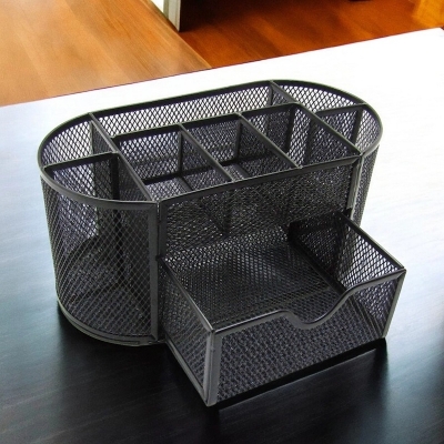 Picture of  Black Metal Desk Organizer - Fireproof & Durable Pen Holder, High-Temperature Resistant, Coated Finish, 10.5 x 11 x 22 cm, Ideal for Office & Student Desks, 1 Piece -Black