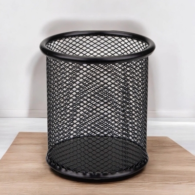Picture of  Black Round Metal Mesh Desk Organizer - Multifunctional Pen & Pencil Holder, Durable, Fireproof, High-Temperature Resistant, Coated Finish, 9.5 x 8.5 cm, For Office & Student Desks, 1 Piece -Black