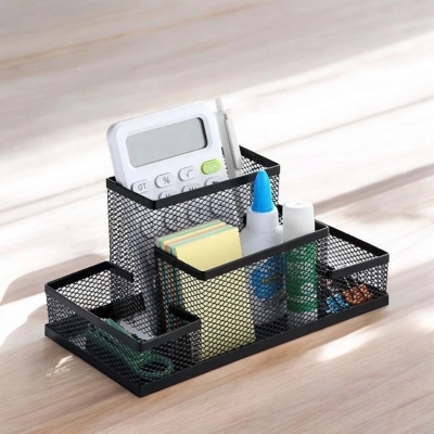 Picture of  Fashionable Black Metal Mesh Desk Organizer - Multifunctional Pen Holder Box, Durable, Fireproof & High-Temperature Resistant, Coated Finish, 20.4 x 10.4 x 9.7 cm, Ideal for Office & Student Desks, 1 Piece -Black