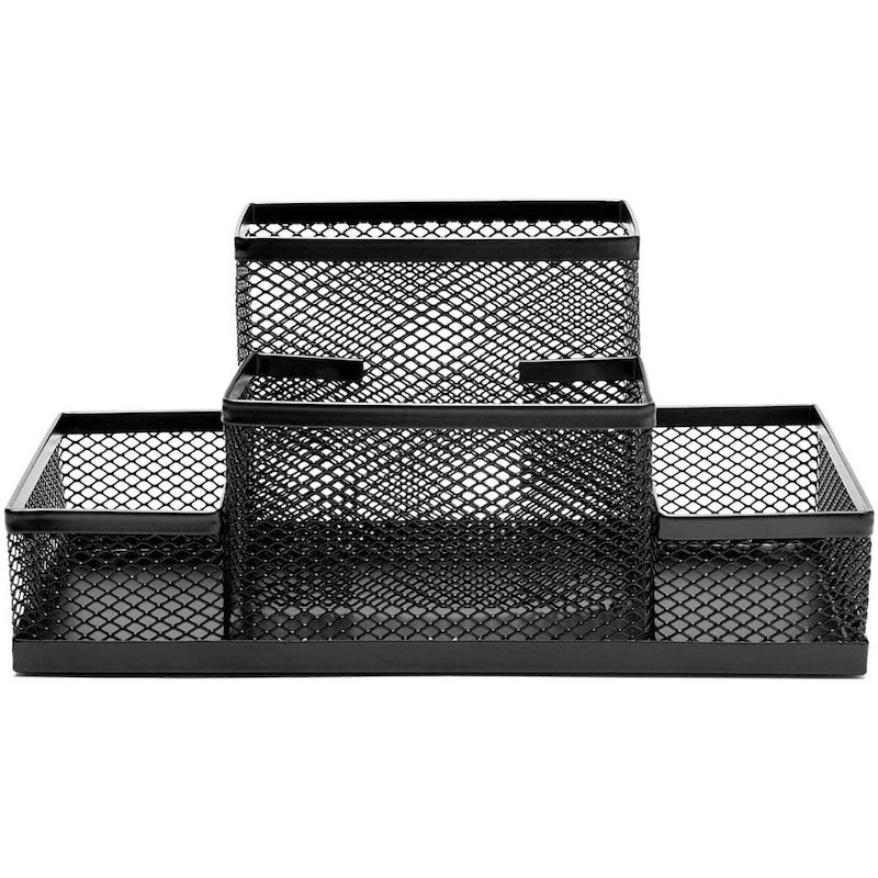 Picture of  Fashionable Black Metal Mesh Desk Organizer - Multifunctional Pen Holder Box, Durable, Fireproof & High-Temperature Resistant, Coated Finish, 20.4 x 10.4 x 9.7 cm, Ideal for Office & Student Desks, 1 Piece -Black