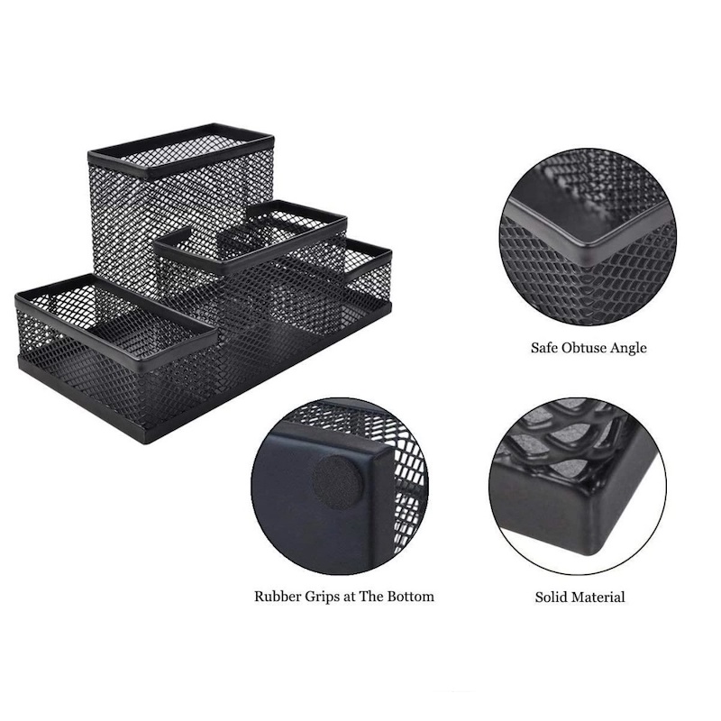 Picture of  Fashionable Black Metal Mesh Desk Organizer - Multifunctional Pen Holder Box, Durable, Fireproof & High-Temperature Resistant, Coated Finish, 20.4 x 10.4 x 9.7 cm, Ideal for Office & Student Desks, 1 Piece -Black