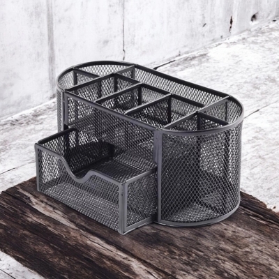 Picture of  Black Metal Desk Organizer - Fireproof Pen Holder, Durable & High-Temperature Resistant, Coated Finish, 10.5 x 11 x 22 cm, Multi-Functional for Office & Student Desks, 1 Piece -Black