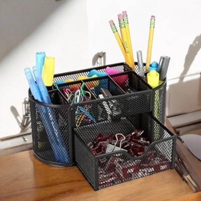 Picture of  Durable Black Metal Mesh Desk Organizer - Fireproof Pen Holder, High-Temperature Resistant, 10.5 x 11 x 22 cm, Coated Finish, Multi-Functional for Office & Student Desks, 1 Piece -Black