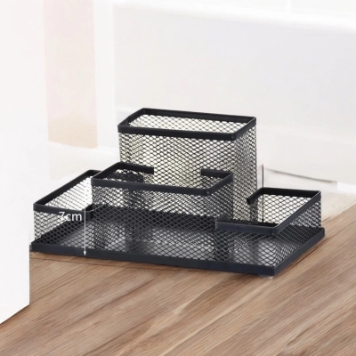 Picture of  Black Metal Mesh Desk Organizer - Multifunctional & Fashionable Pen Holder Box, Durable, Fireproof, High-Temperature Resistant, Coated Finish, 20.4 x 10.4 x 9.7 cm, Ideal for Office & Student Use, 1 Piece -Black