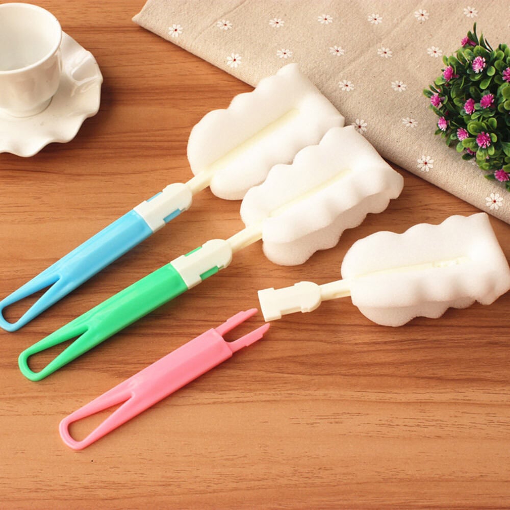Picture of Bottle Brush Sponge Cup Brush Set with Replacement Brush Head Portable Long Handle Water Bottle Cleaner Brush, for Baby Bottles Vacuum Flasks (3 Brushes )