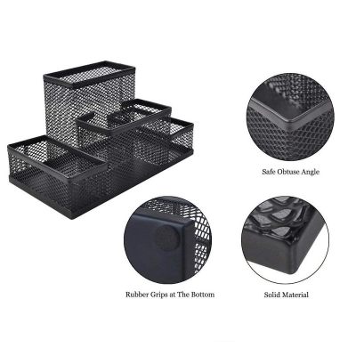 Picture of  Black Metal Mesh Desk Organizer - Multifunctional & Fashionable Pen Holder Box, Durable, Fireproof, High-Temperature Resistant, Coated Finish, 20.4 x 10.4 x 9.7 cm, Ideal for Office & Student Use, 1 Piece -Black