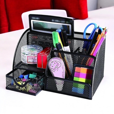 Picture of  Desktop Storage Box - Office Metal Pen Holder with Square Mesh and Multiple Compartments -Black