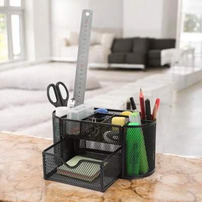 Picture of  Multi-Functional Desk Organizer - Black Metal Mesh Pen Holder, Fireproof, Durable, High-Temperature Resistant, Coated Finish, 10.5 x 11 x 22 cm, Perfect for Office & School Supplies, 1 Piece -Black