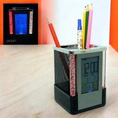 Picture of Square Shape Pen Holder with Color-Changing LEDs & Digital Alarm Clock - Gift Centre Desk Organizer with Multifunctional Timer & Temperature Display, Durable Plastic, Black/Silver Mix, Powered by Pencil Battery, 1 Piece-Black