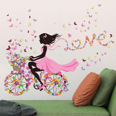 Picture of Wallpark Romantic Pink Flower Butterfly Fairy Girl Riding a Flower Bike Removable Wall Sticker Decal, Children Kids Baby Home Room Nursery DIY Decorative Adhesive Art Wall Mural