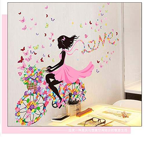 Picture of Wallpark Romantic Pink Flower Butterfly Fairy Girl Riding a Flower Bike Removable Wall Sticker Decal, Children Kids Baby Home Room Nursery DIY Decorative Adhesive Art Wall Mural