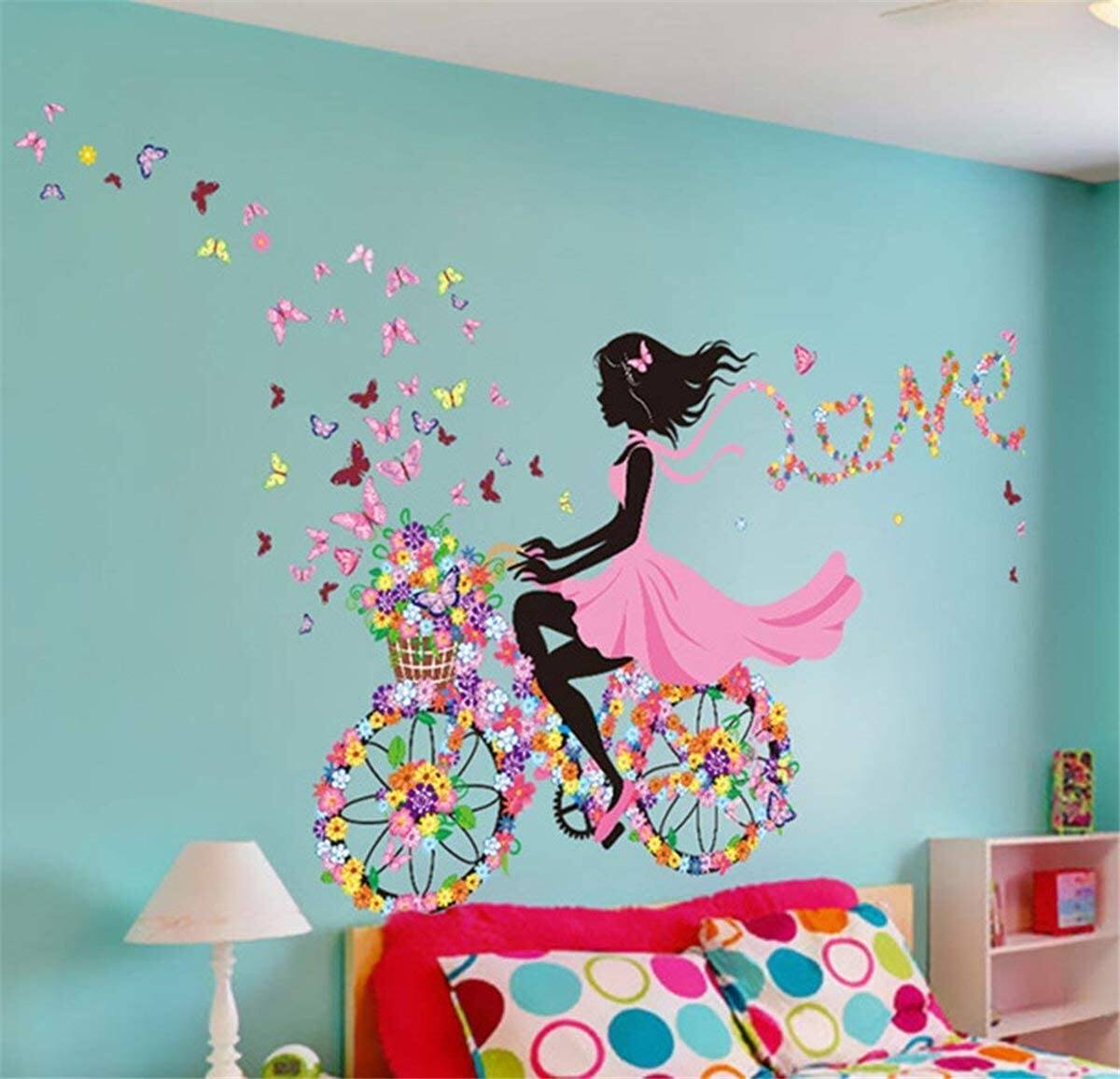 Picture of Wallpark Romantic Pink Flower Butterfly Fairy Girl Riding a Flower Bike Removable Wall Sticker Decal, Children Kids Baby Home Room Nursery DIY Decorative Adhesive Art Wall Mural