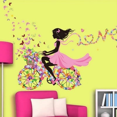 Picture of Wallpark Romantic Pink Flower Butterfly Fairy Girl Riding a Flower Bike Removable Wall Sticker Decal, Children Kids Baby Home Room Nursery DIY Decorative Adhesive Art Wall Mural