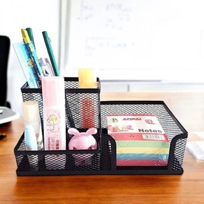 Picture of  Black Metal Desk Organizer - 3-Grid Multifunctional Storage Rack for Pens & Files, Durable, Fireproof, and High-Temperature Resistant, Coated Finish, Dimensions 20.4 x 10.4 x 9.7 cm, 1 Piece -Black