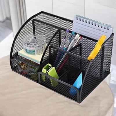 Picture of  Metal Pen Holder - Square Mesh Desktop Storage Box with Multiple Compartments, Office Organizer -Black