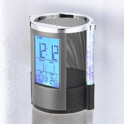 Picture of  Gift Centre Multifunctional Desk Organizer - Pen Holder with Digital LCD Alarm Clock, Color-Changing Bubble LED Lights, Countdown Timer, Temperature Display, Durable Plastic Construction, Black/Silver, Powered by Pencil Battery, Ideal for Office & Studen-Black