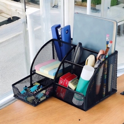 Picture of  Durable Black Metal Pen Holder - Fireproof Desk Organizer, High-Temperature Resistant, Coated Finish, 14D x 12.7W x 22.1H cm, 1 Piece -Black