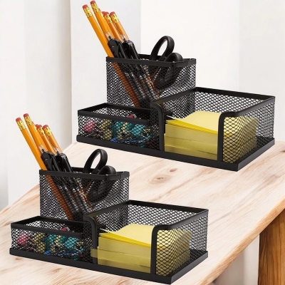 Picture of  Set of 2 Black Metal Desk Organizers - 3-Grid Multifunctional Storage Rack for Pens & Files, Durable & Fireproof, High-Temperature Resistant, Coated Finish, 20.4 x 10.4 x 9.7 cm, Perfect for Office & Student Use -Black