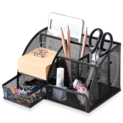 Picture of  Metal Pen Holder - Square Mesh Office Desktop Storage Box with Multiple Compartments -Black