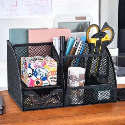 Picture of  Metal Pen Holder - Square Mesh Office Desktop Storage Box with Multiple Compartments -Black