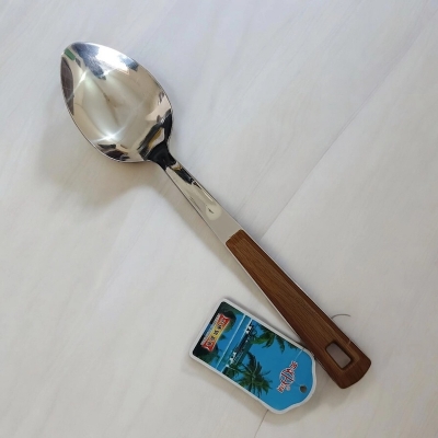 Picture of Silver Long Rice Spoon – 10-Inch Stainless Steel – Wooden Color Plastic Cover Handle – Ideal for Cooking and Serving – Mirror Polish, Non-Magnetic – 1 Piece-Silver